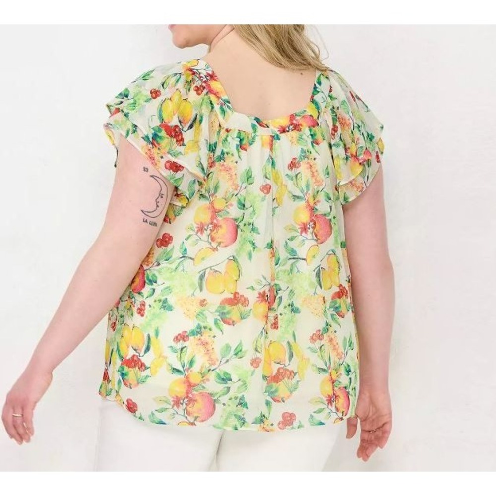 LC Lauren Conrad Womens XXL Square Neck Ruffle Sleeve Lemon Print Blouse Top‎